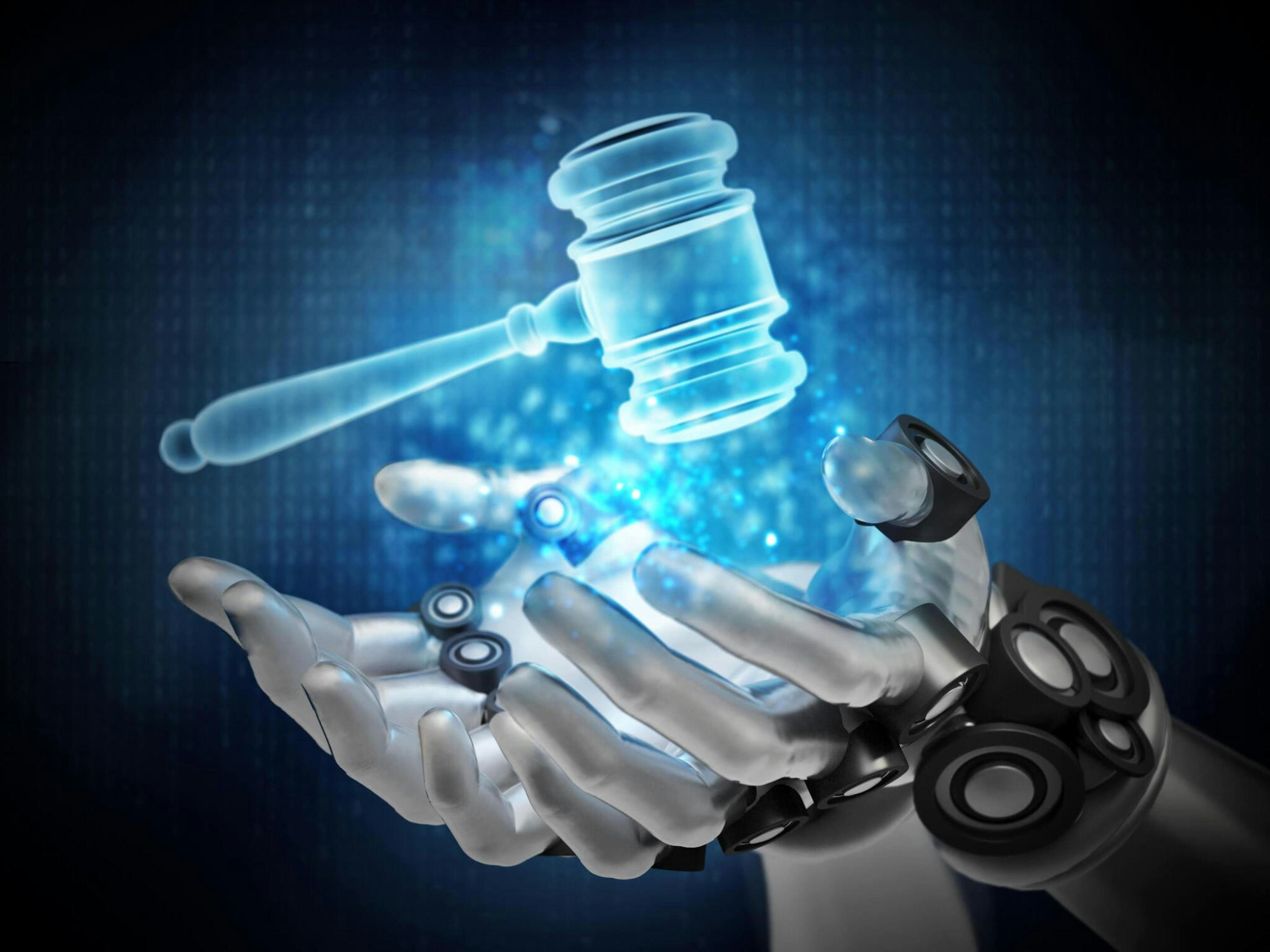 judge gavel above robotic hands