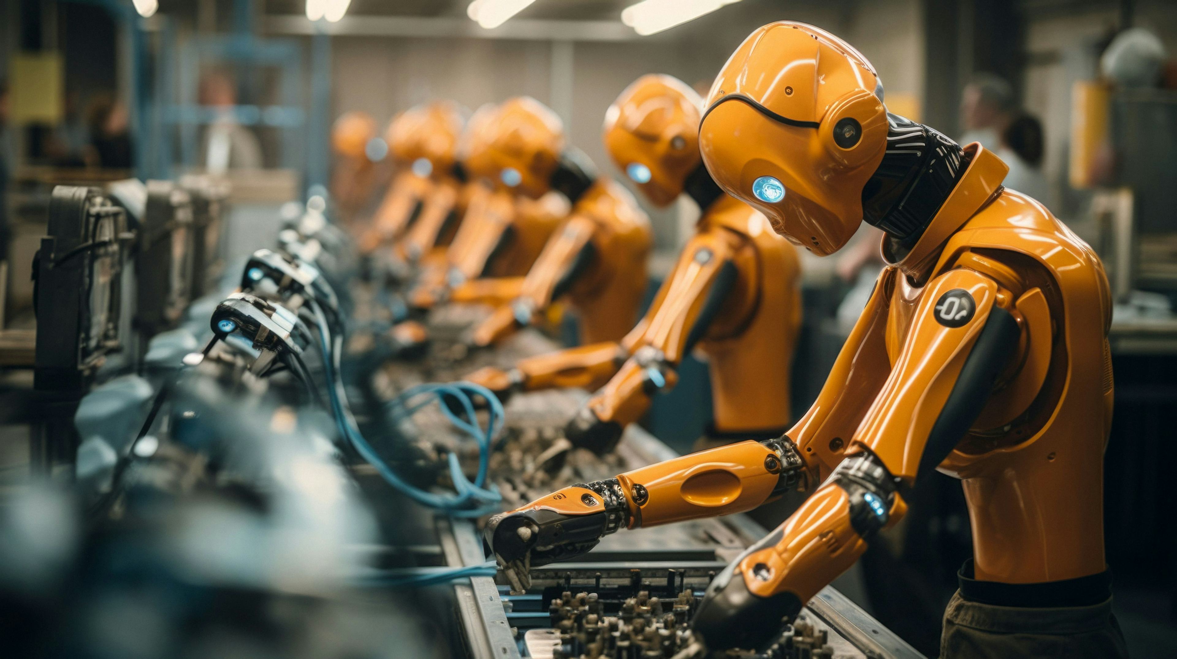 orange robots working in manufacturing factory