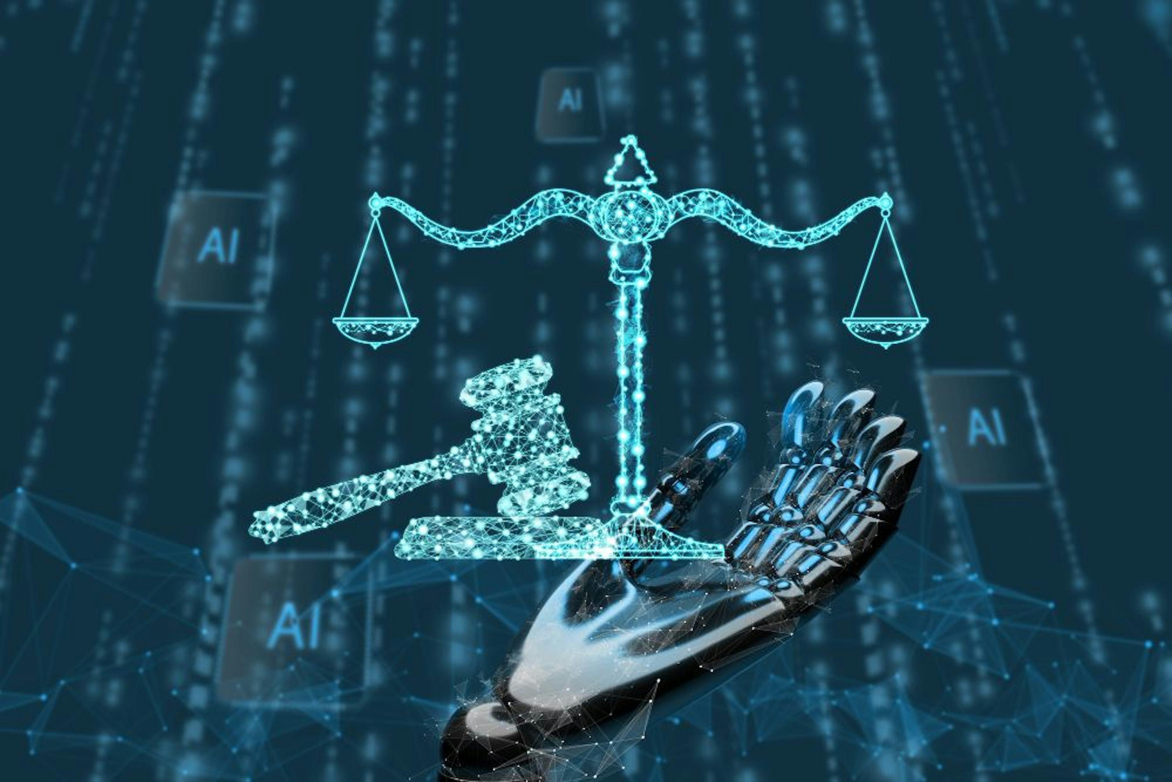 Robot hand with a scale of justice and gavel