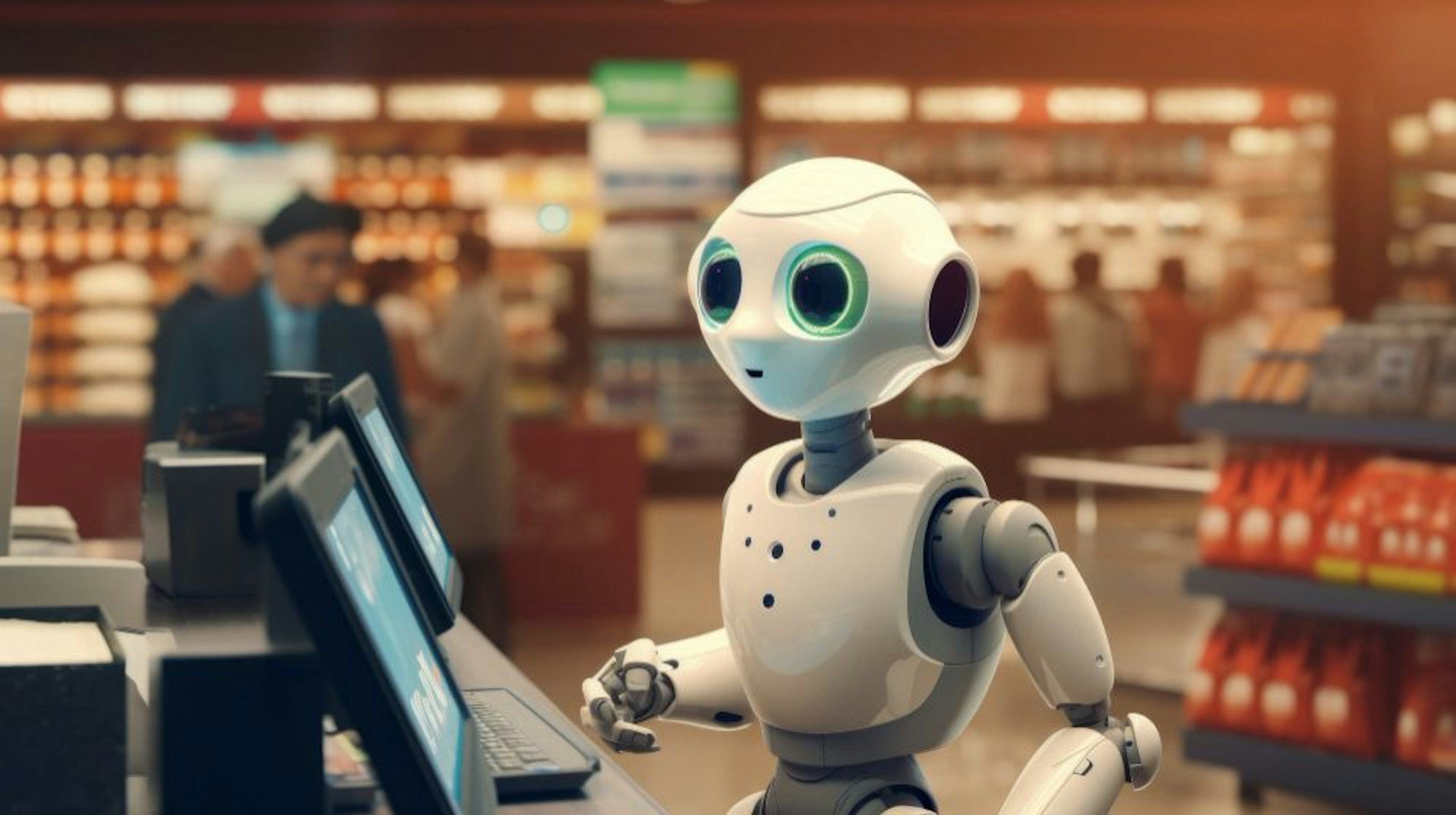 Robot cashier at supermarket checkout