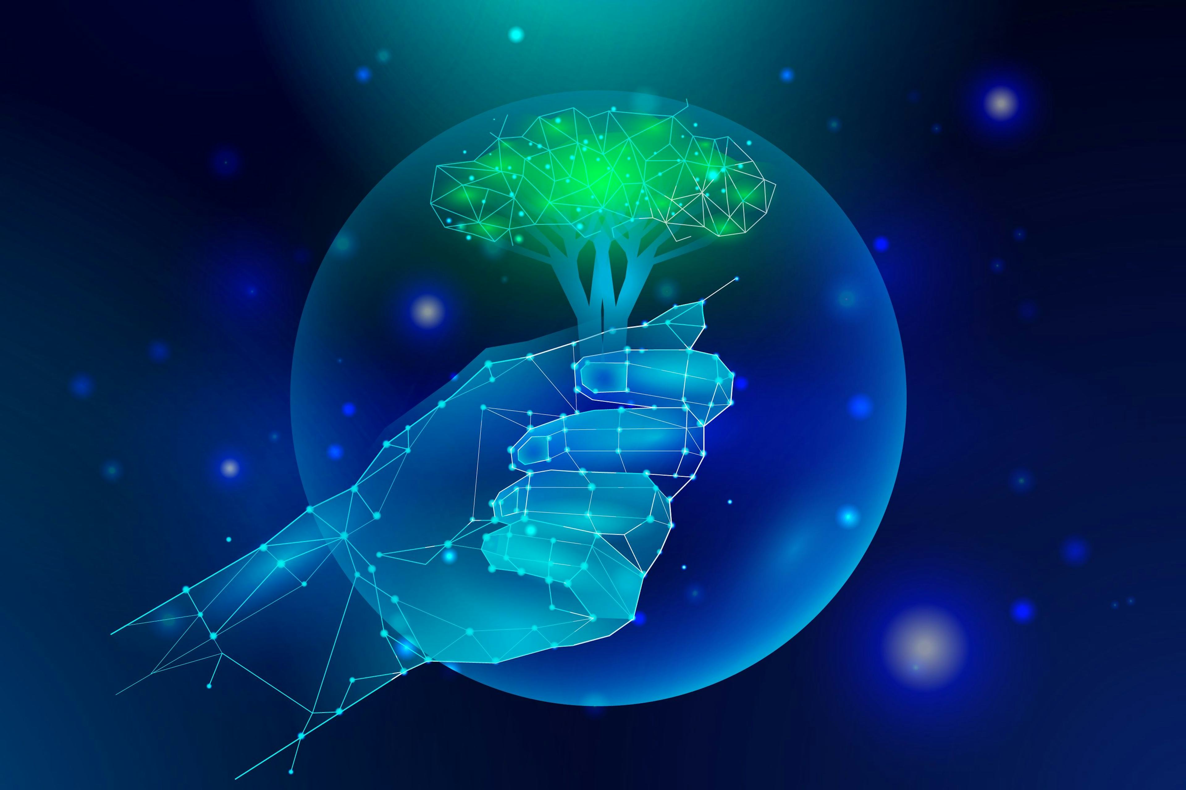 Digital tree growing from a wireframe hand