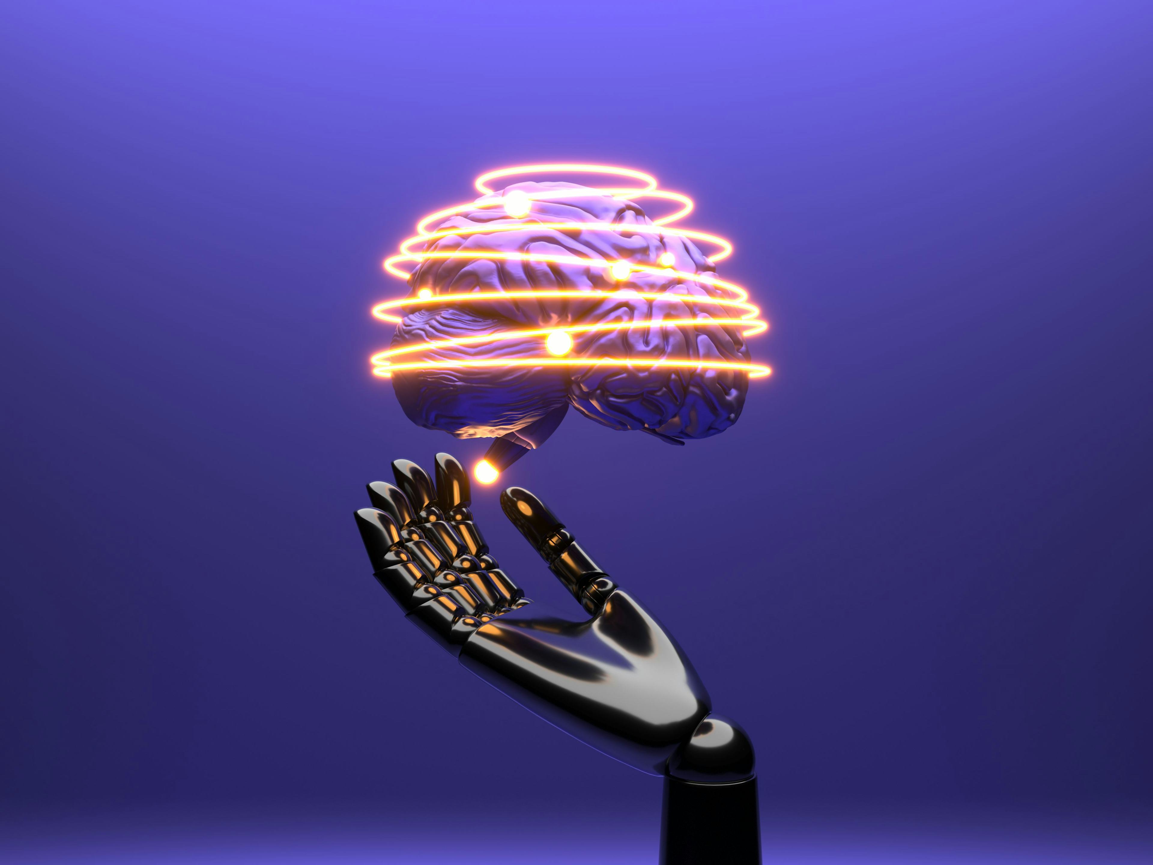 robot hand holding a brain with glowing string around it