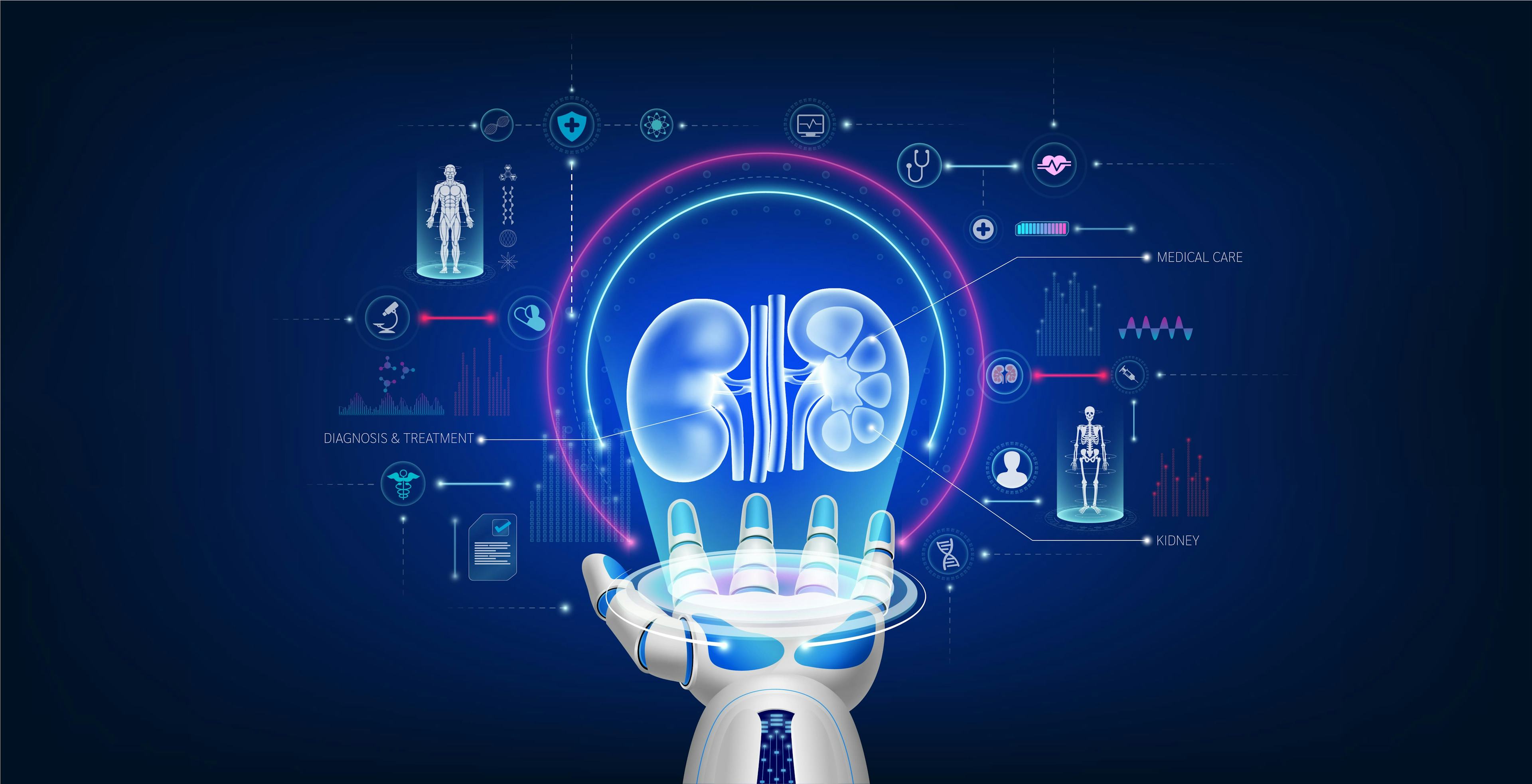 kidneys hologram above robot hand with medical infographics